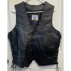 Vanguard Men's Vintage Black Leather Biker Vest Side Ties Motorcycle Sz. M